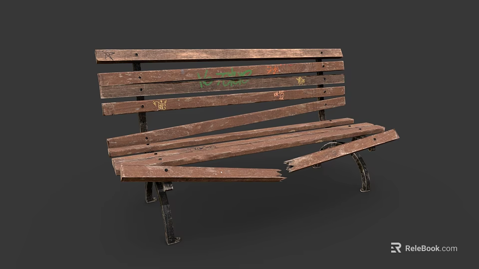 Worn Outdoor Bench With Damaged Wooden Planks Metal Legs And Green Graffiti 3d model 