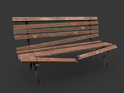 Worn Outdoor Bench With Damaged Wooden Planks Metal Legs And Green Graffiti 3d model