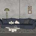 Dark Blue Velvet Sofa And White Coffee Table With Cushions Green Lamp And Framed Art