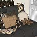 Decorative Pillows With Plaid Logo Dotted Patterns On Black Leather Sofa And Stuffed Monkey 3d model