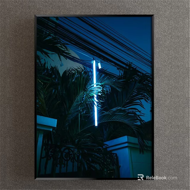 Vibrant Botanical Painting With Palm Leaves Neon Light Dark Blue Sky And Iron Railing 3d model 