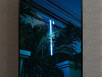 Vibrant Botanical Painting With Palm Leaves Neon Light Dark Blue Sky And Iron Railing 3d model