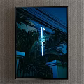 Vibrant Botanical Painting With Palm Leaves Neon Light Dark Blue Sky And Iron Railing