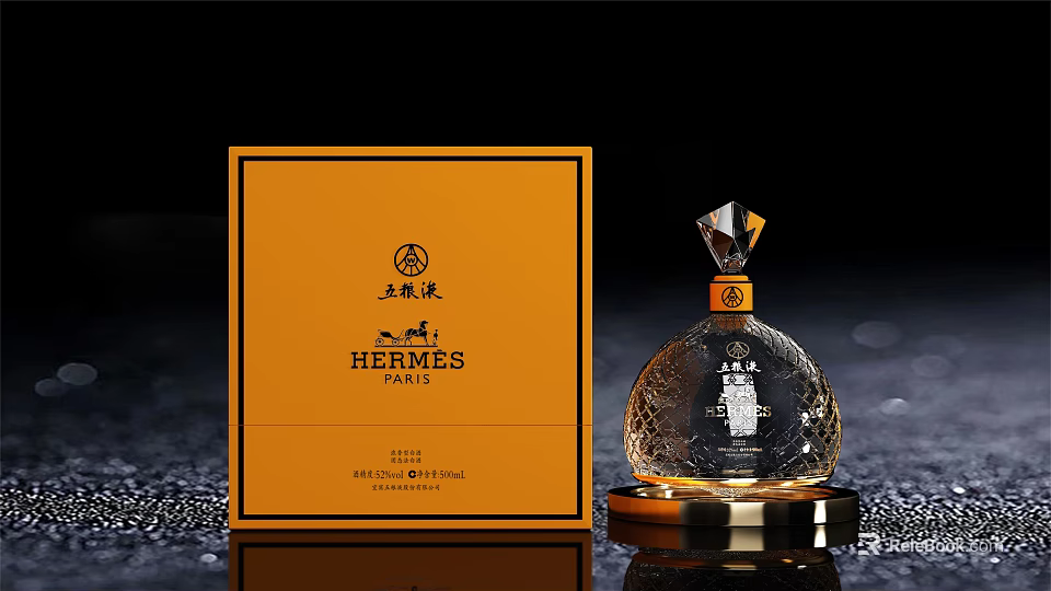 Luxury Wine Bottle And Wine Glass With Hermes Wuliangye Orange Box Transparent Design Gold Base 3d model 