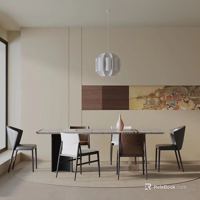 Modern Dining Table Set With Pendant Light Wall Art Vase And Comfortable Chairs 3d model 