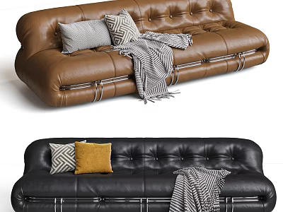 Brown And Black Leather Two Seater Sofa With Tufted Design Pillows And Throw Blanket 3d model