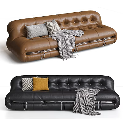 Brown And Black Leather Two Seater Sofa With Tufted Design Pillows And Throw Blanket 3d model