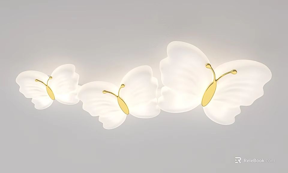 Three Butterfly Shaped Ceiling Lights With White Shades And Gold Accents 3d model 
