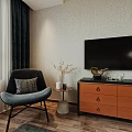 Modern Bedroom Interior With Comfortable Bed Yellow Blanket Pillows Nightstand Lamp Chair And Wooden Floor