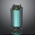 Futuristic Mechanical Cylinder With Blue Glowing Spiral And Metal Frame Components