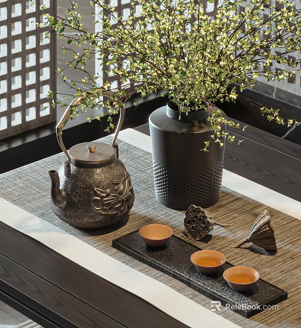 Traditional Tea Set With Teapot Small Cups Tea Tray And Vase On Bamboo Mat 3d model 