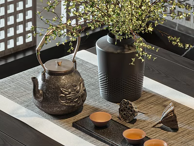 Traditional Tea Set With Teapot Small Cups Tea Tray And Vase On Bamboo Mat 3d model
