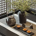 Traditional Tea Set With Teapot Small Cups Tea Tray And Vase On Bamboo Mat