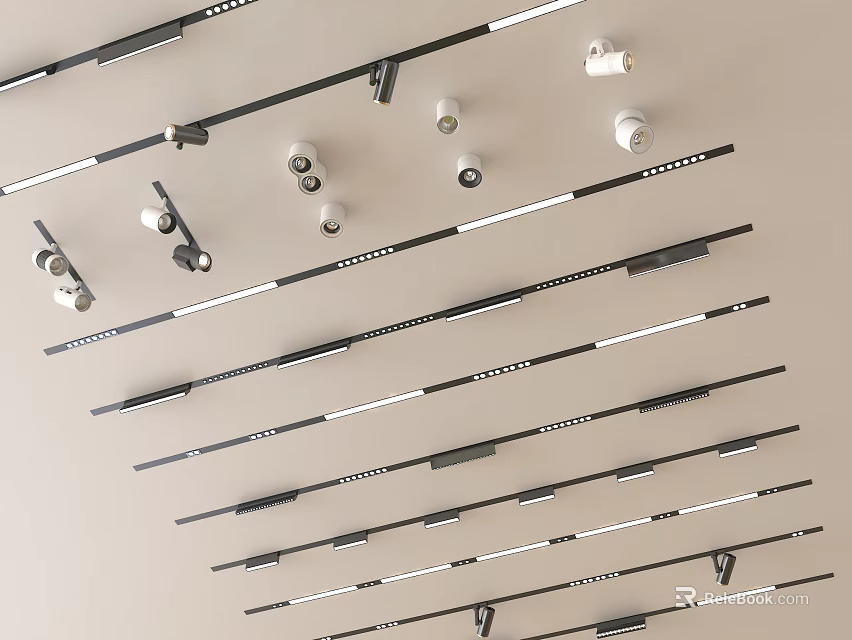 Multiple Track Mounted Downlights And Spotlights On Ceiling For Modern Interior 3d model 