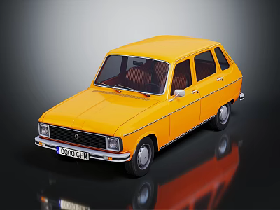 Yellow Vintage Compact Car Featuring 4 Door Classic Design And Reflective Finish 3d model