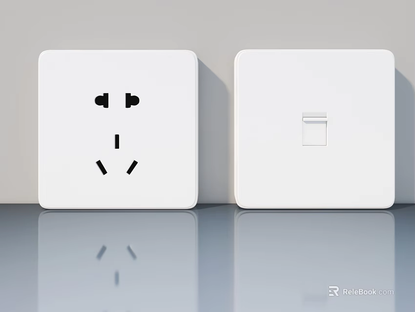 White Electrical Socket And Switch Mounted On Light Colored Wall With Reflective Countertop 3d model 