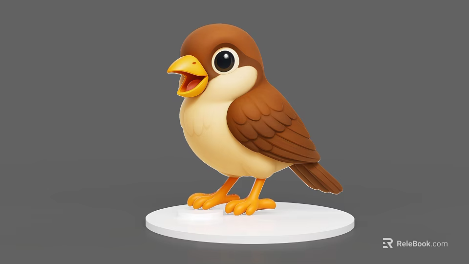 Cute Cartoon Bird With Brown And Yellow Feathers Standing On White Base 3d model 
