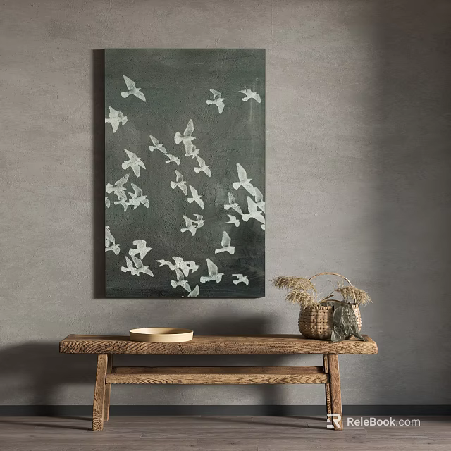 Abstract Painting With White Birds On Gray Wall Above Wooden Table Light Bowl Woven Basket 3d model 