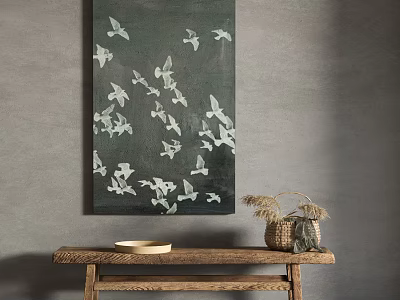 Abstract Painting With White Birds On Gray Wall Above Wooden Table Light Bowl Woven Basket 3d model