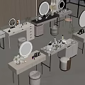 Elegant Modern Vanity Interior Design With Round Mirrors Stools And Decorative Items 3d model