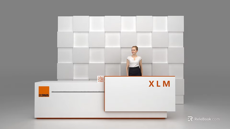 White Reception Desk With XLM Logo And Square Patterned Wall In Modern Office 3d model