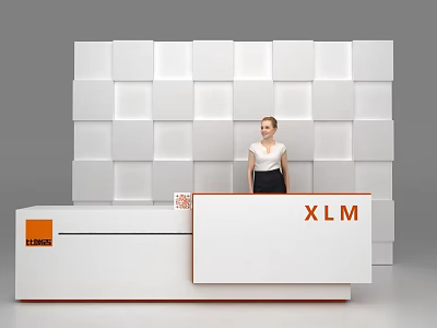 White Reception Desk With XLM Logo And Square Patterned Wall In Modern Office 3d model