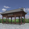 Ancient Chinese Wooden Pavilion with Gray Tiled Roof Surrounded by Green Trees Under Blue Sky