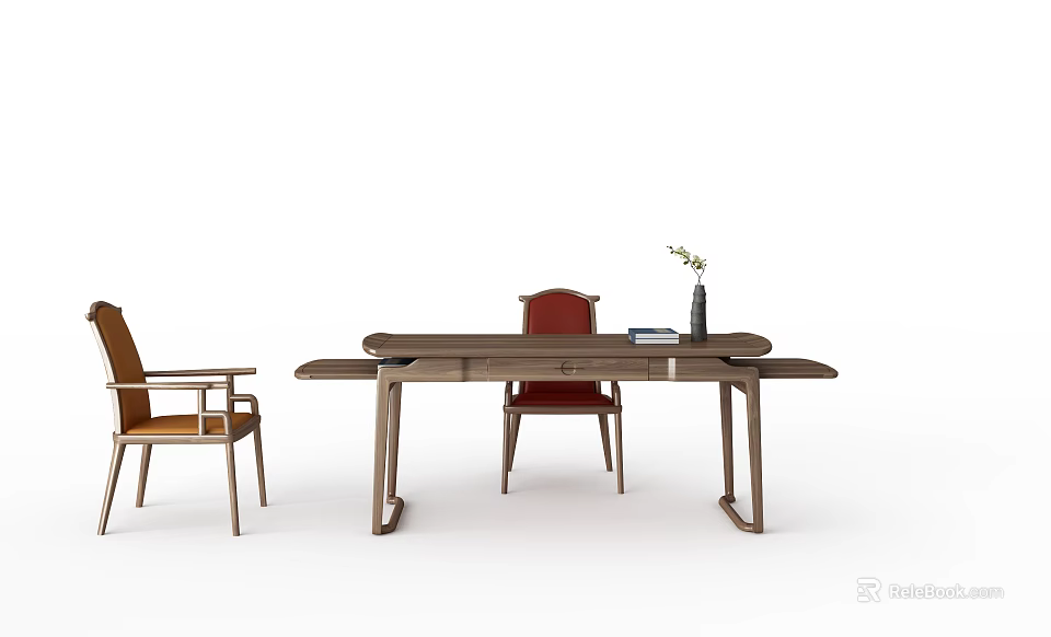 Modern Wooden Desk Interior Setup With Comfortable Chair Books And Vase Decor 3d model 