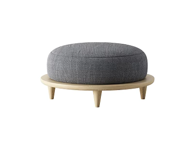 Modern Round Gray Fabric Ottoman With Wooden Legs For Living Room 3d model