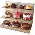 Assorted Delicious Cakes Displayed On Three Tiered Wooden Stand With Chocolate Icing And Fresh Fruits
