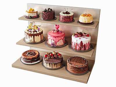 Assorted Delicious Cakes Displayed On Three Tiered Wooden Stand With Chocolate Icing And Fresh Fruits 3d model