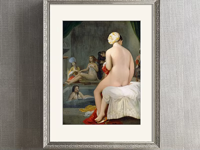 Classical Female Figure Painting With Nude Woman Seated On White Cushion And Bath Scene 3d model
