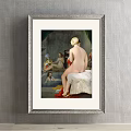 Classical Female Figure Painting With Nude Woman Seated On White Cushion And Bath Scene