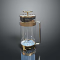 Transparent Glass Daily Life Product With Gold Metal Handle And Blue Particles Base