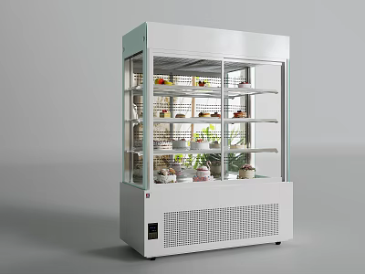 White Glass Door Refrigerated Display Case With Multiple Shelves Displaying Desserts And Fruits 3d model