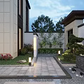 Modern Chinese Garden Landscape With Wooden Pavilion Landscape Screen Stone Paved Path Plants And Lighting