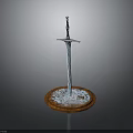 Medieval Sword Standing On Frozen Wooden Base With Icy Details