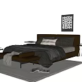 Modern Double Bed with Gray Bedding Footstool Nightstands and Decorative Painting on Rug