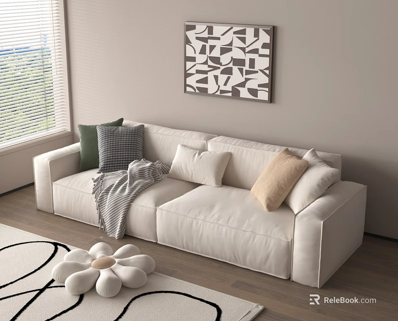 White Double Sofa With Colorful Pillows And Blanket On Modern Living Room Rug 3d model 