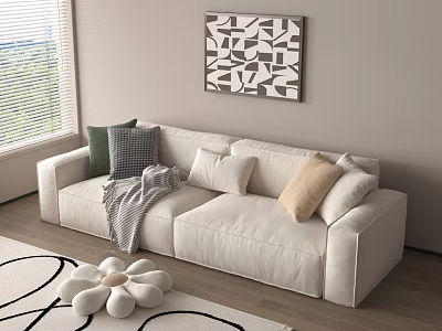 White Double Sofa With Colorful Pillows And Blanket On Modern Living Room Rug 3d model