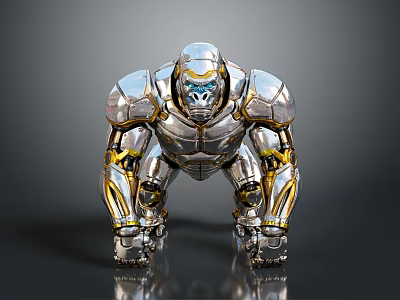 Detailed Mechanical Gorilla With Silver Gold Accents In Metallic Crouched Posture 3d model
