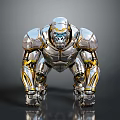 Detailed Mechanical Gorilla With Silver Gold Accents In Metallic Crouched Posture