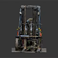 Orange And Blue Industrial Forklift With Front Loader And Metal Forks