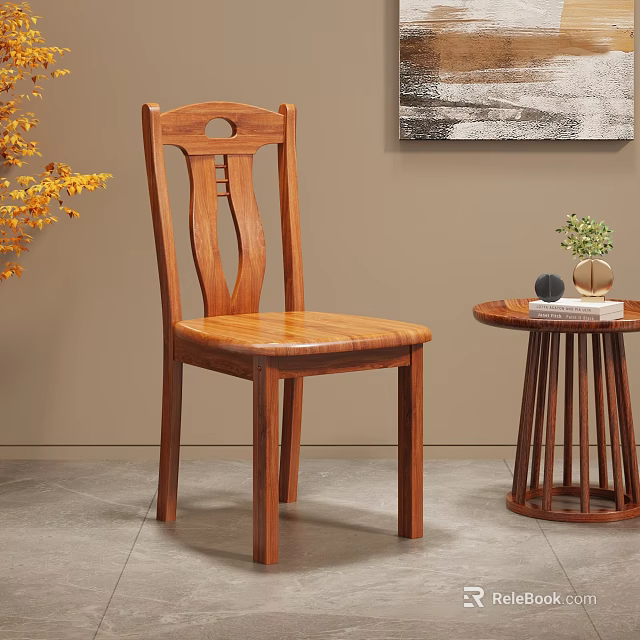 Solid Wood Dining Chair With Carved Backrest Round Side Table Green Plant On Gray Tile 3d model 