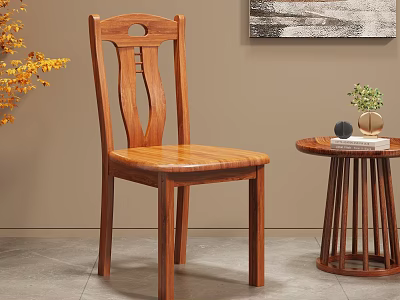Solid Wood Dining Chair With Carved Backrest Round Side Table Green Plant On Gray Tile 3d model
