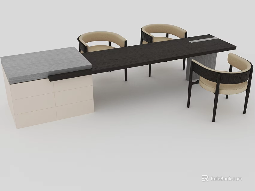 Dining Table Set With Gray Top Wooden Frame And Three Armrest Chairs 3d model