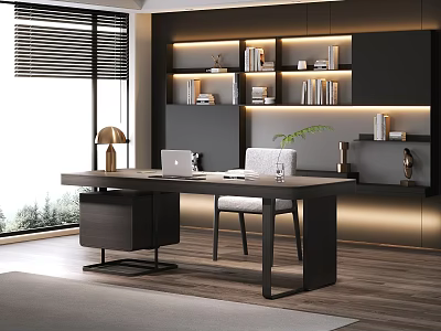 Modern Minimalist Dark Wood Office Desk For Luxury Home Workspace With Illuminated Storage Shelves 3d model