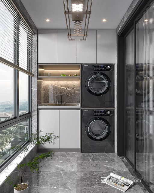Modern Home Balcony Interior With White Storage Cabinets Black Washing Machines And Potted Plants 3d model 
