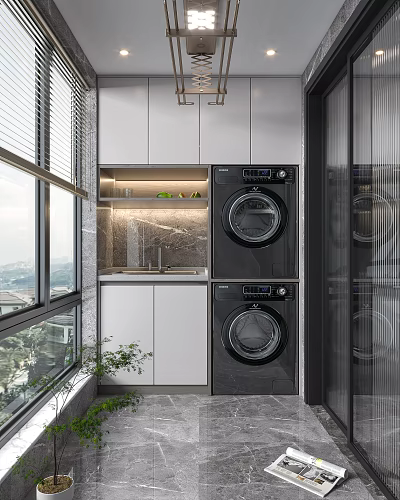 Modern Home Balcony Interior With White Storage Cabinets Black Washing Machines And Potted Plants 3d model