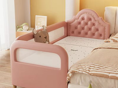 Pink Toddler Bed With Tufted Headboard Safety Side Rails And Teddy Bear Plush 3d model